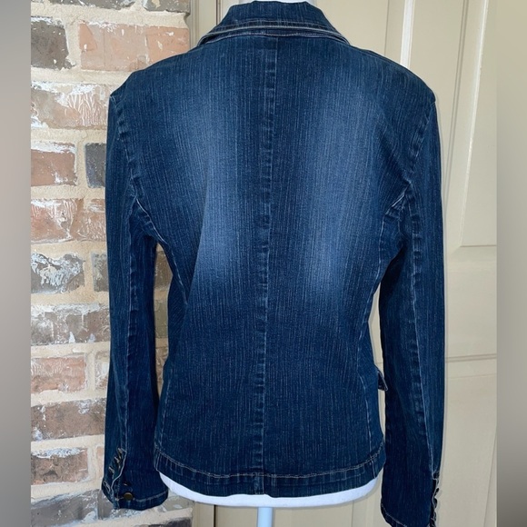 Casual Corner Denim Blazer Jean Jacket Dark Blue Stretch Notch Lapel Size 8 - Picture 3 of 11